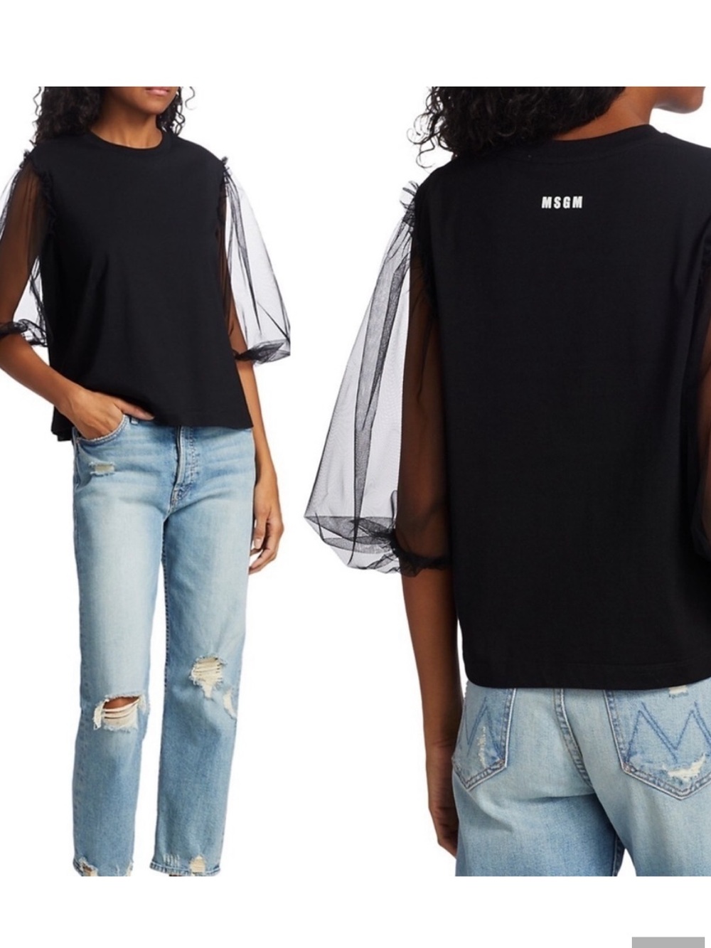 MSGM Mesh Puff-Sleeve T-Shirt Sheer 3/4 Sleeves.
